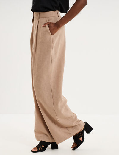 Pantalon large &agrave; pinces taille haute marron femme