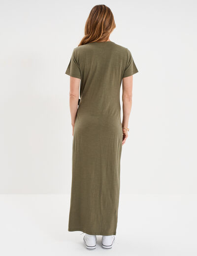Robe midi taille effet noué coton vert kaki femme