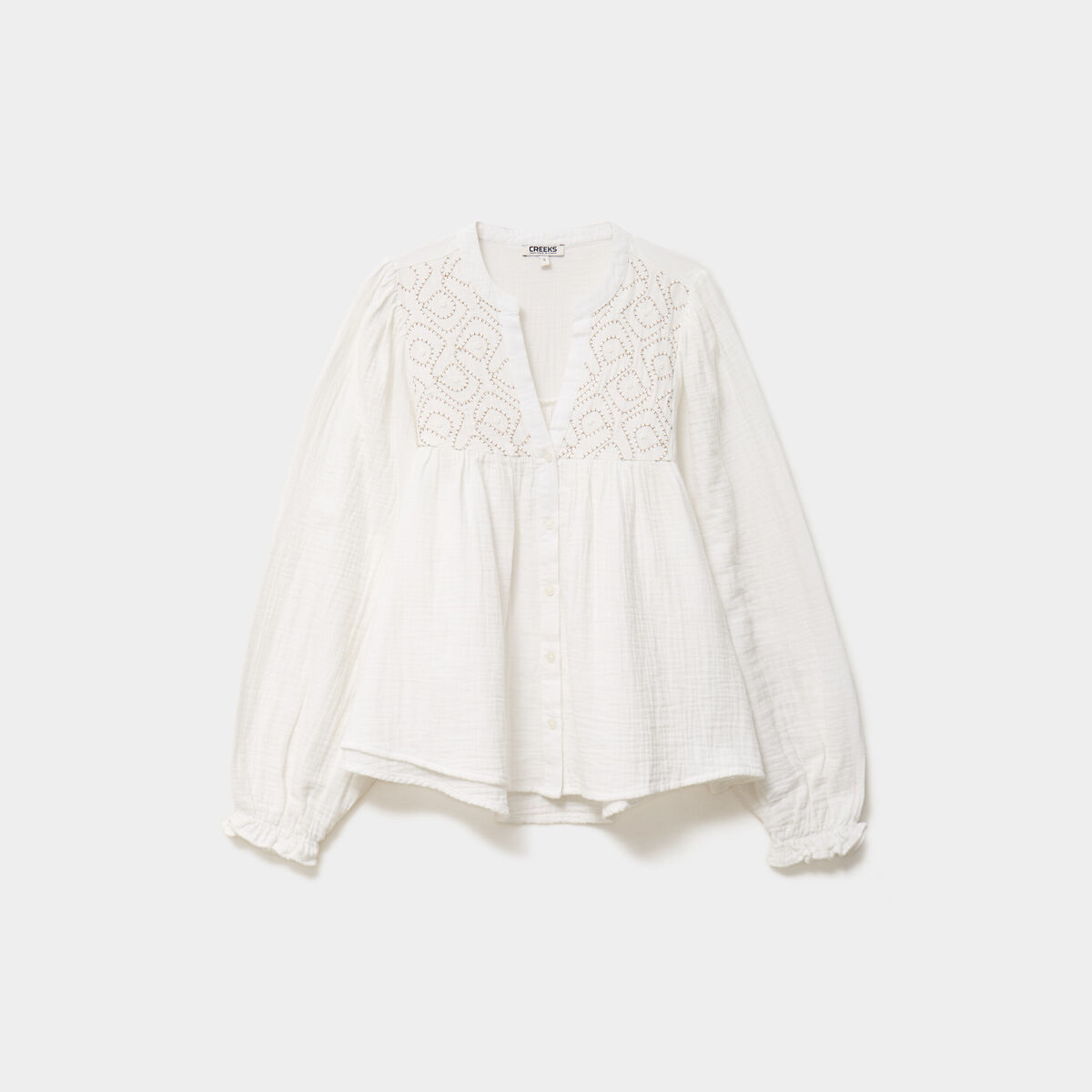 Blouse brod&eacute;e col tunisien coton blanc femme
