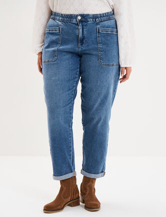 Jean droit taille &eacute;lastiqu&eacute;e &agrave; revers denim stone femme grande taille