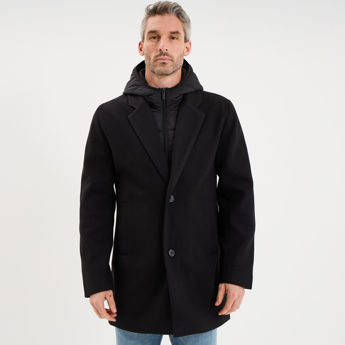 Manteau mi-long 3 en 1 &agrave; capuche noir homme