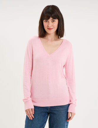 Pull col en V manches longues rose clair femme