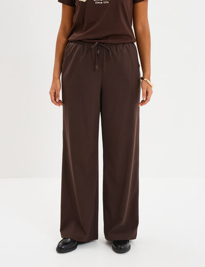 Pantalon large &eacute;lastiqu&eacute; marron fonc&eacute; femme