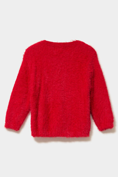 Pull mailles duveteuses col rond rouge b&eacute;b&eacute; fille