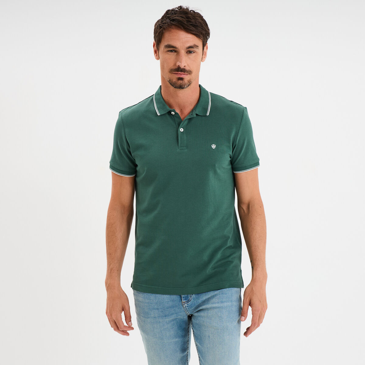 Polo manches courtes bords contrastés vert canard homme