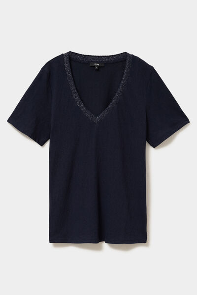 T-shirt col en V manches courtes bleu fonc&eacute; femme