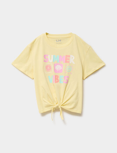 T-shirt nou&eacute; manches courtes coton jaune clair fille