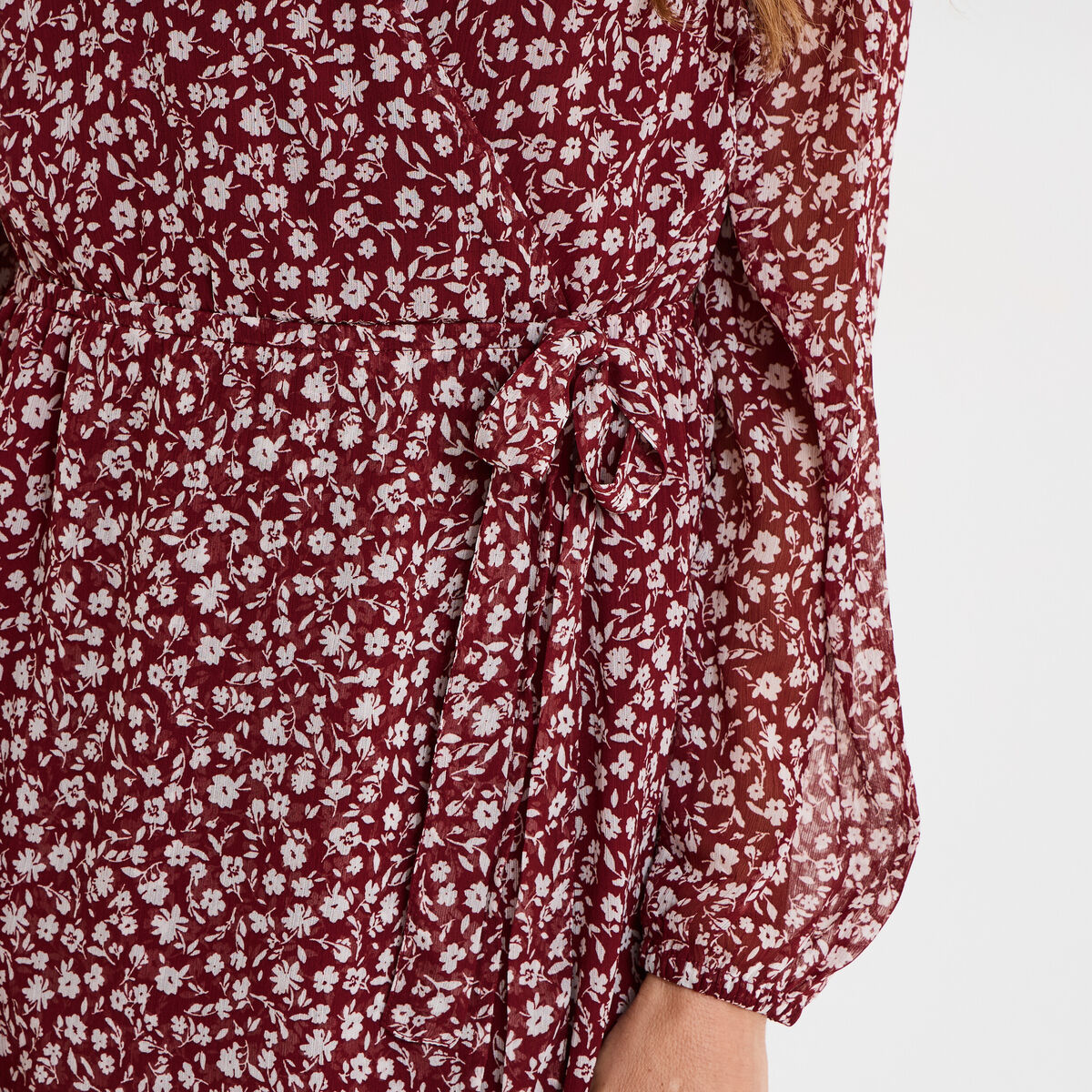 Robe manches longues col cache-coeur bordeaux femme