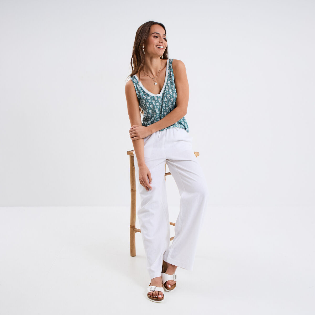 Débardeur col en V bretelles fines vert turquoise femme