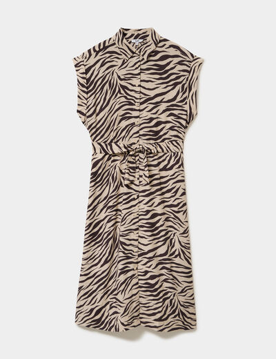 Robe chemise longue taille ajustable beige clair femme