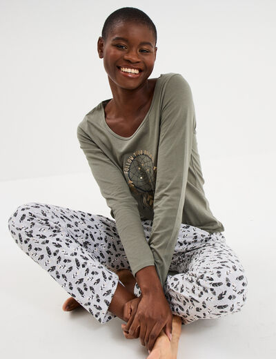 Ensemble pyjama t-shirt pantalon coton vert kaki femme