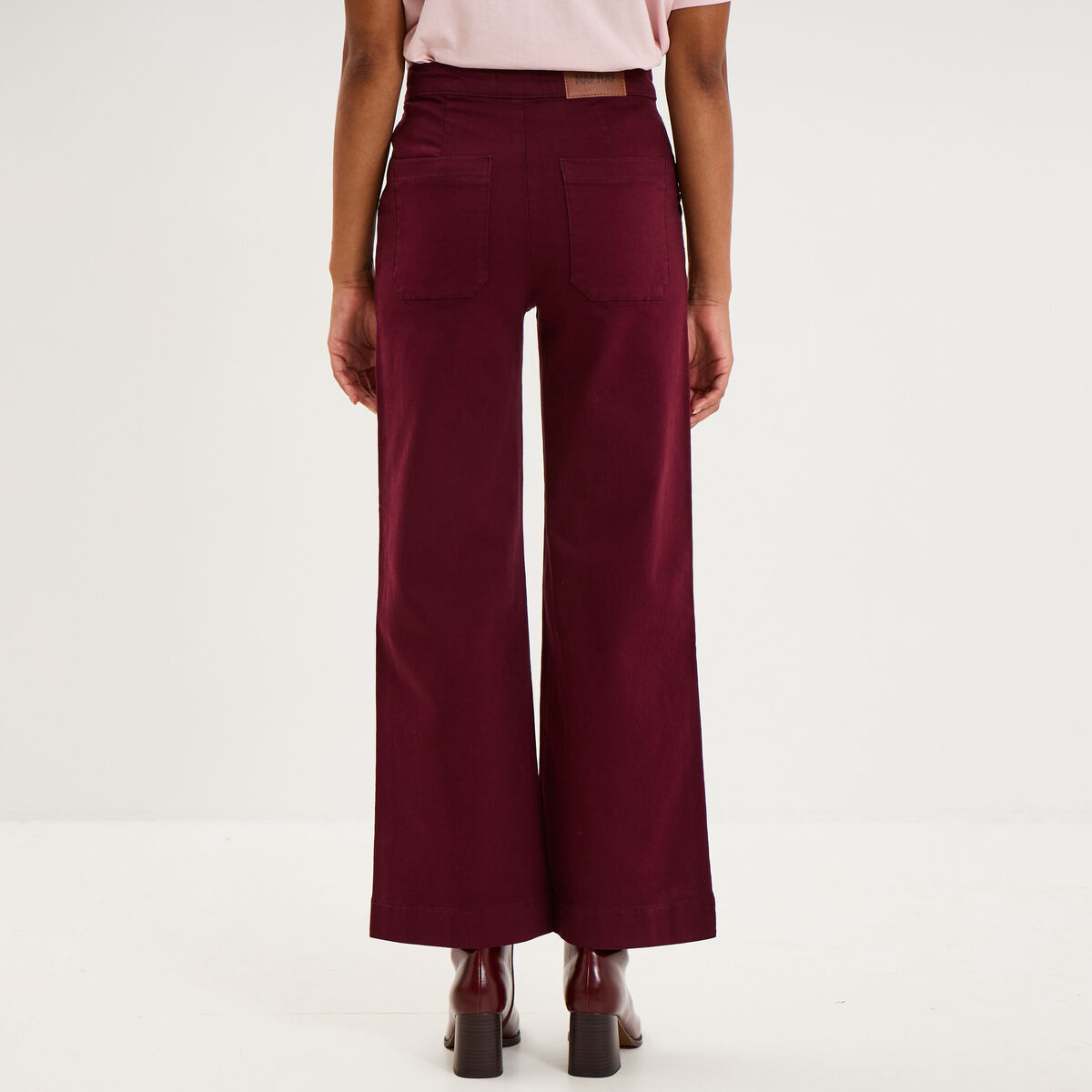 Pantalon wide leg cropped &agrave; boutons violet fonc&eacute; femme