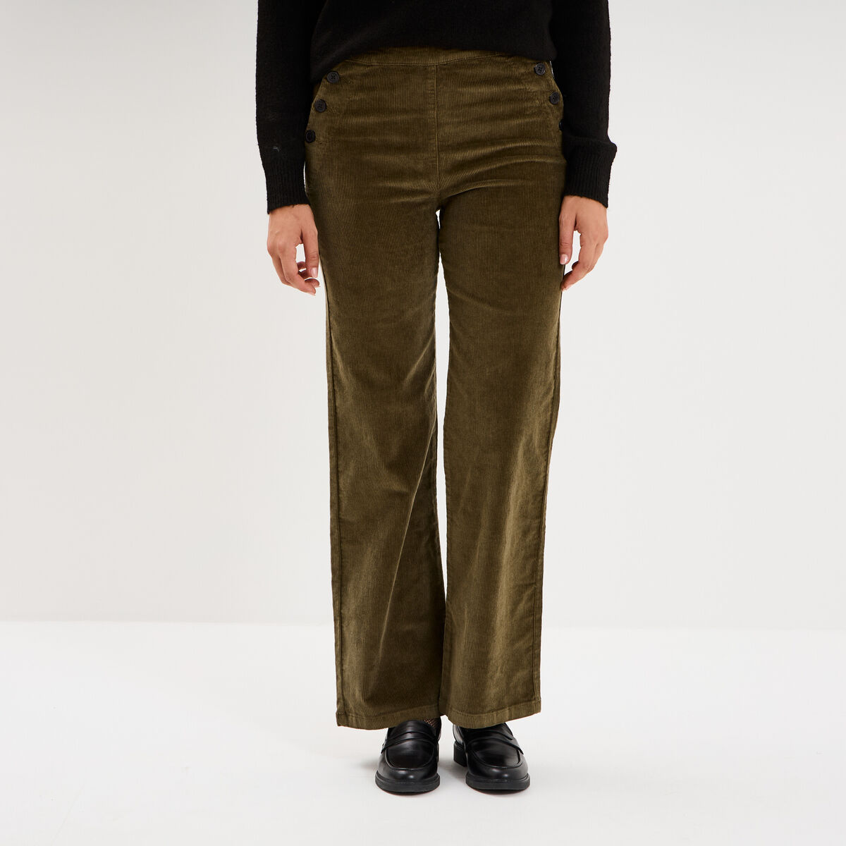 Pantalon &agrave; pont velours 7/8&egrave;me vert kaki femme