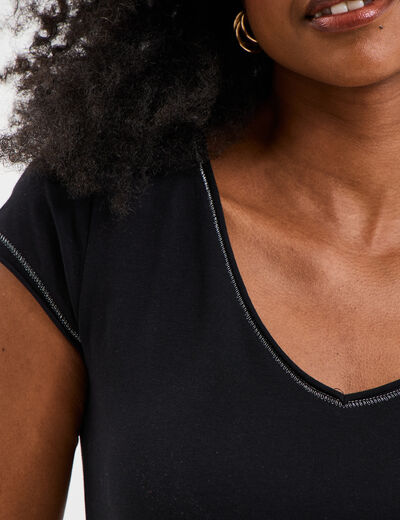 T-shirt col V ajusté manches courtes noir femme