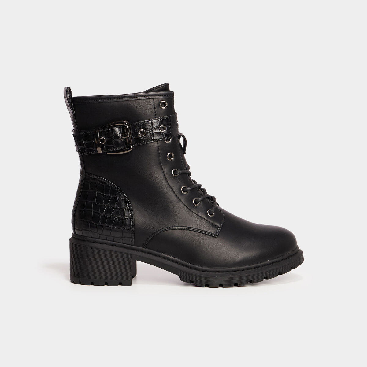 Bottines croco crant&eacute;es avec boucles noir femme