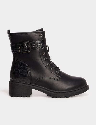 Bottines croco crantées avec boucles noir femme