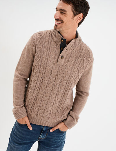 Pull col montant boutonn&eacute; et torsades taupe homme