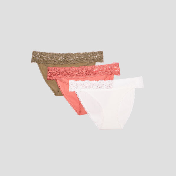 lot 3 culottes en coton detail dentelle vert kaki femme Lot 3 culottes en coton détail dentelle vert kaki femme