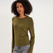 T-shirt manches longues col rond ajust&eacute; vert kaki femme