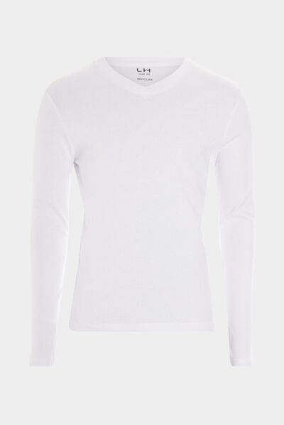 T-shirt manches longues col V blanc homme