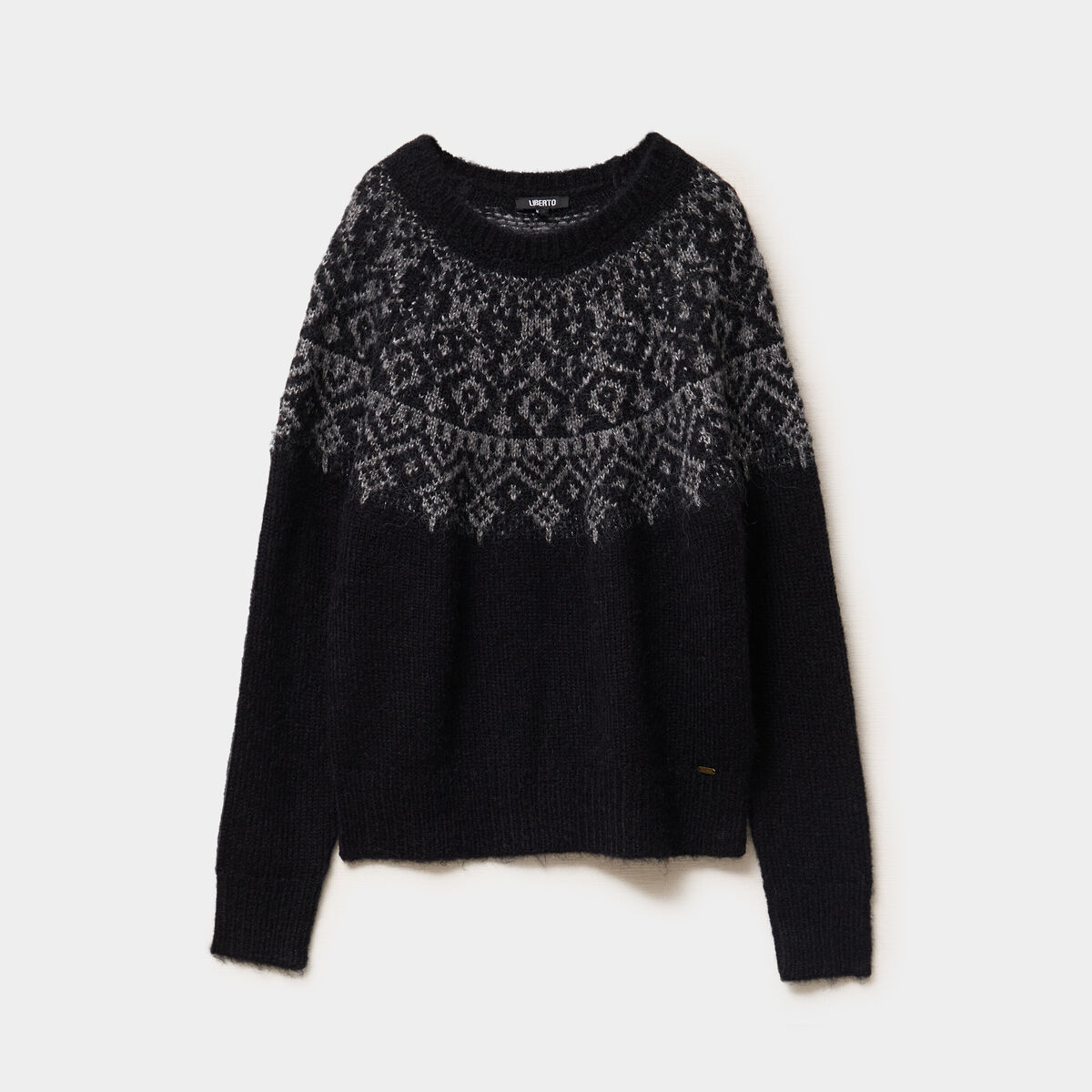 Pull jacquard col rond manches longues noir femme