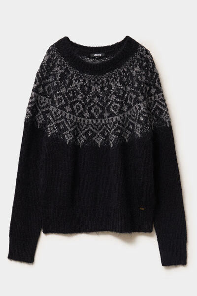 Pull jacquard col rond manches longues noir femme