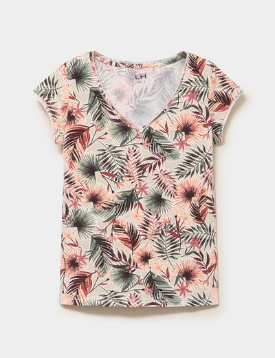 T-shirt col V droit manches courtes vert kaki femme