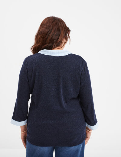 Pull effet 2-en-1 avec manches 3/4 bleu marine femme grande taille