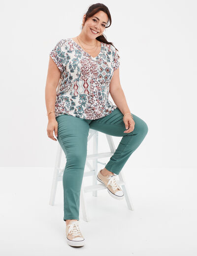 T-shirt col en V manches courtes ecru femme grande taille