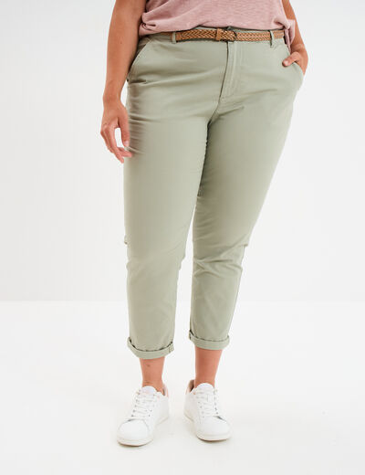 Pantalon chino cigarette ceinturé coton vert kaki femme grande taille