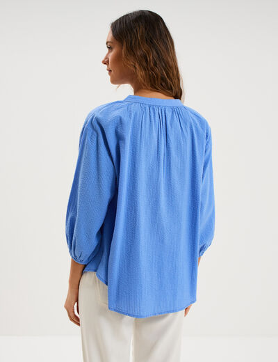 Blouse col tunisien manches 3/4 coton bleu electrique femme