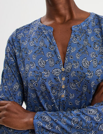 T-shirt col mao manches retroussables bleu gris femme