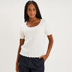 Pull col rond textur&eacute; manches courtes blanc femme