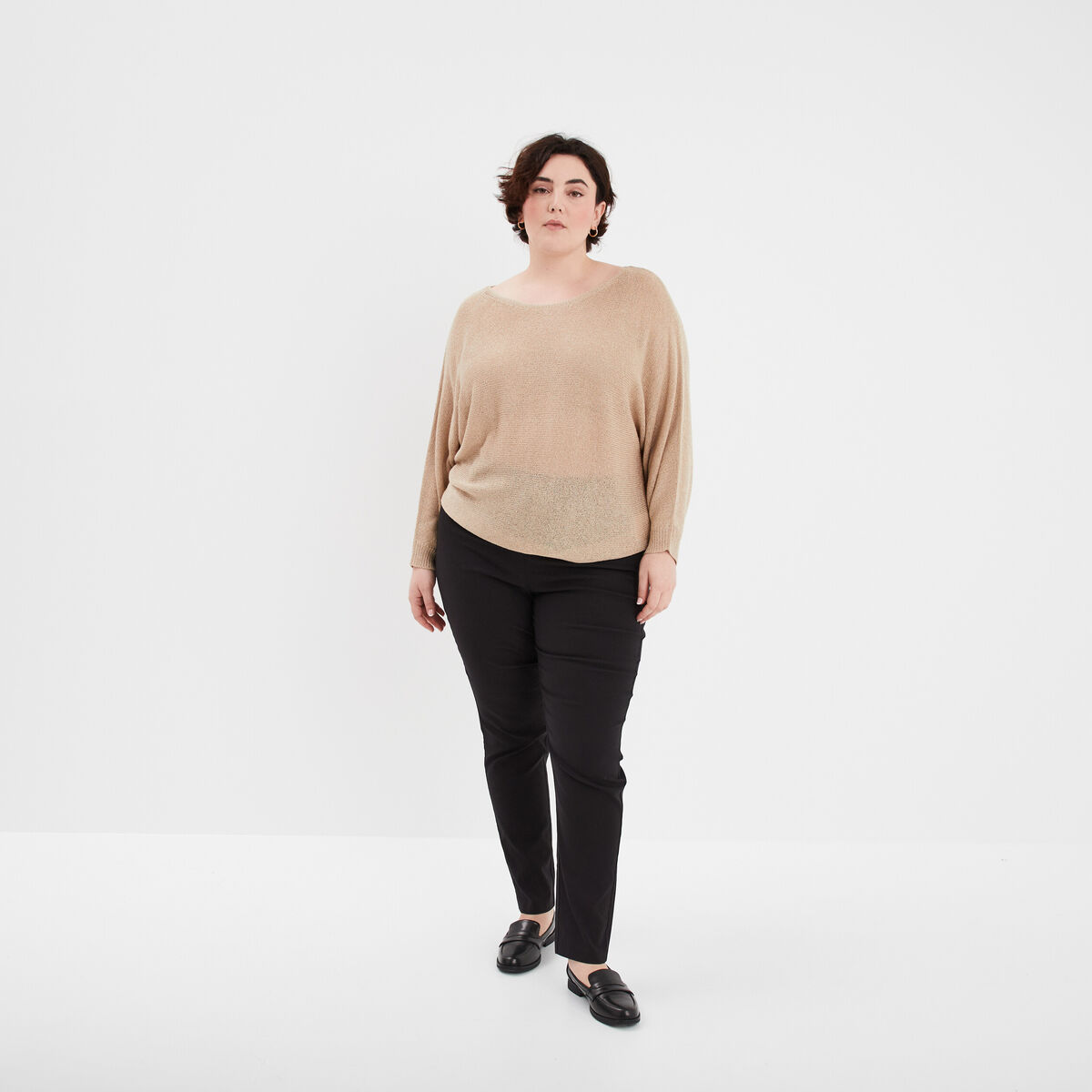 Pull manches longues col rond beige femme grande taille