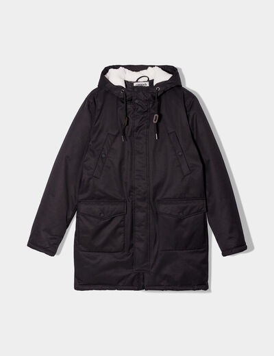 Parka mi-longue doublée à capuche noir homme