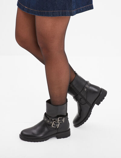 Bottines à semelle crantée talons plats noir femme