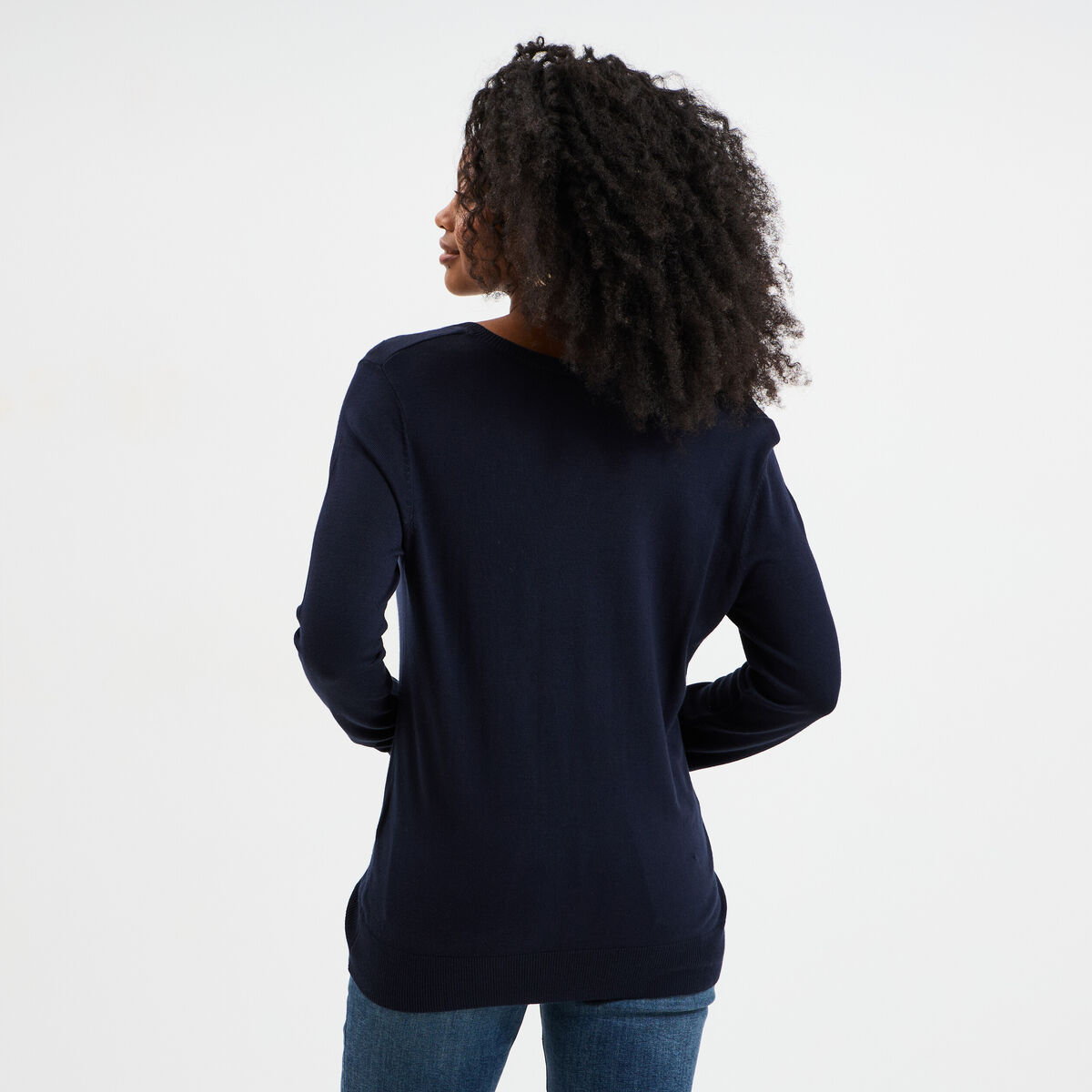 Pull col en V manches longues bleu marine femme