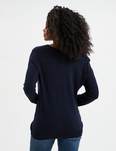 Pull col en V manches longues bleu marine femme