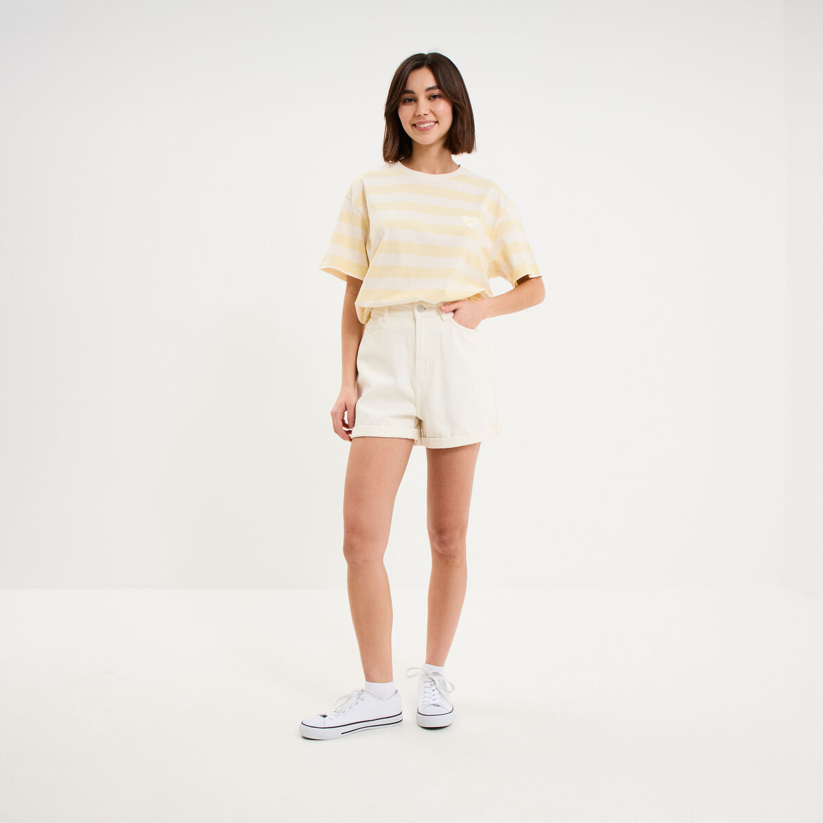 Short mom 5 poches coton ecru femme