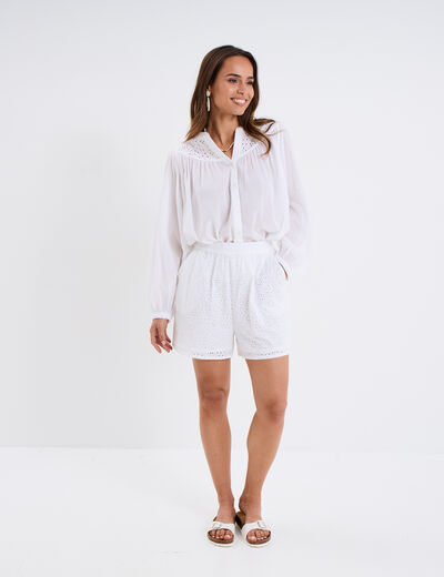 Blouse col tunisien broderie anglaise blanc femme