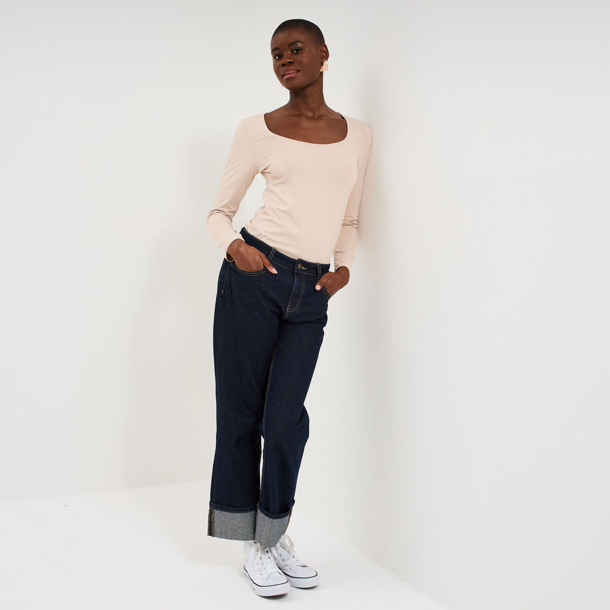 T-shirt ajust&eacute; manches longues beige femme