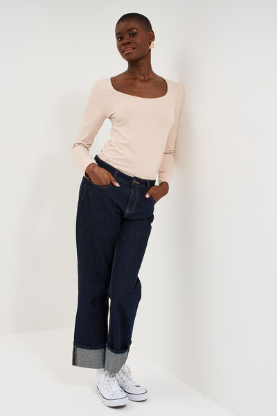 T-shirt ajust&eacute; manches longues beige femme