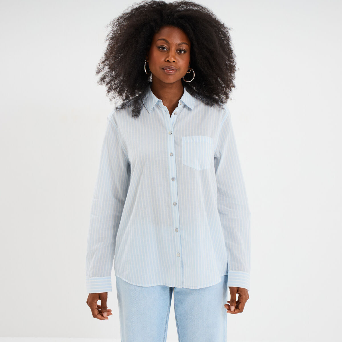 Chemise manches ajustables 1 poche coton bleu femme