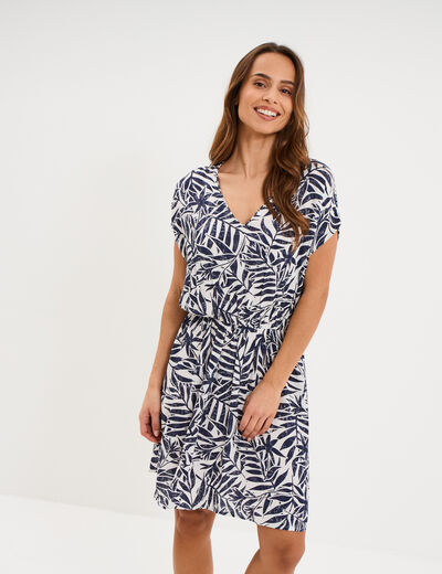 Robe caftant courte col en V ecru femme