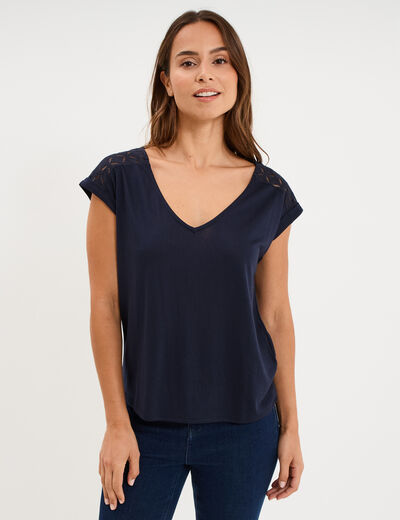 T-shirt col en V ajour&eacute; &eacute;paules et dos bleu fonc&eacute; femme