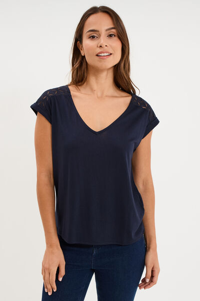 T-shirt col en V ajour&eacute; &eacute;paules et dos bleu fonc&eacute; femme