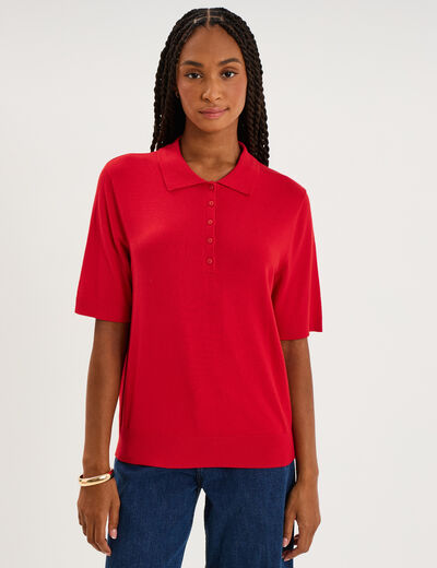 Pull col polo manches courtes rouge femme
