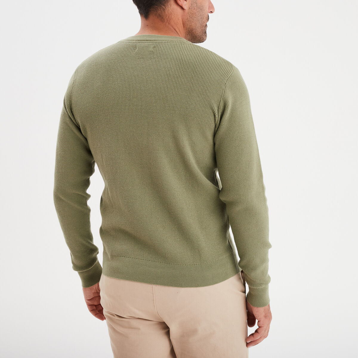 Pull en maille textur&eacute;e col rond vert kaki homme