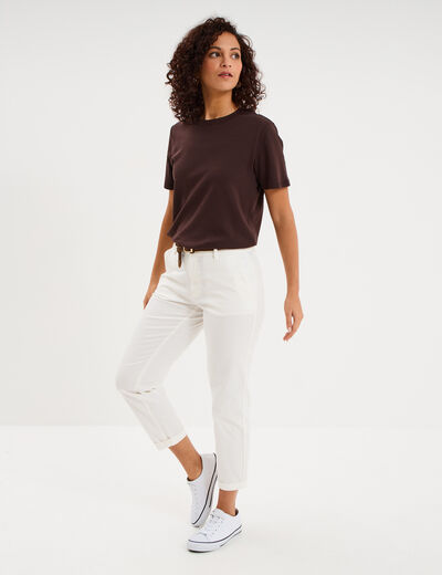 Pantalon chino 7/8&egrave;me ceinture tress&eacute;e ecru femme