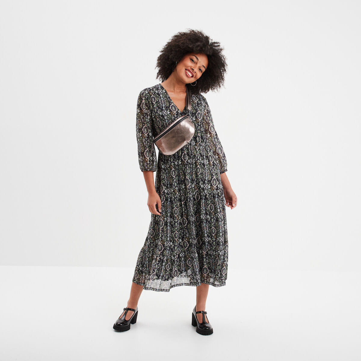 Robe longue évasée manches 3/4 Liberto noir femme